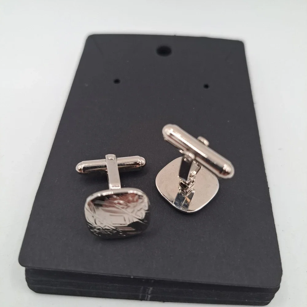 Vintage Mid-Century Silver Tone Square Cufflinks, Etched Diamond & Floral